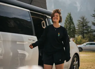 Girls and VW T6.1 California Ocean at Camp in Albania