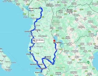 Albanien Rundreise Route bei Google Maps.
