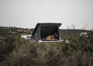 A woman is in a camper's canopy, surrounded by wild vegetation.