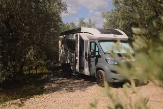 Ein Camper ist bei den Bäumen geparkt